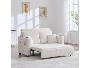 Canapé-lit 2 places convertible en tissu chenille, 4 coussins inclus, poches latérales, porte-gobelets, mousse haute densité, beige