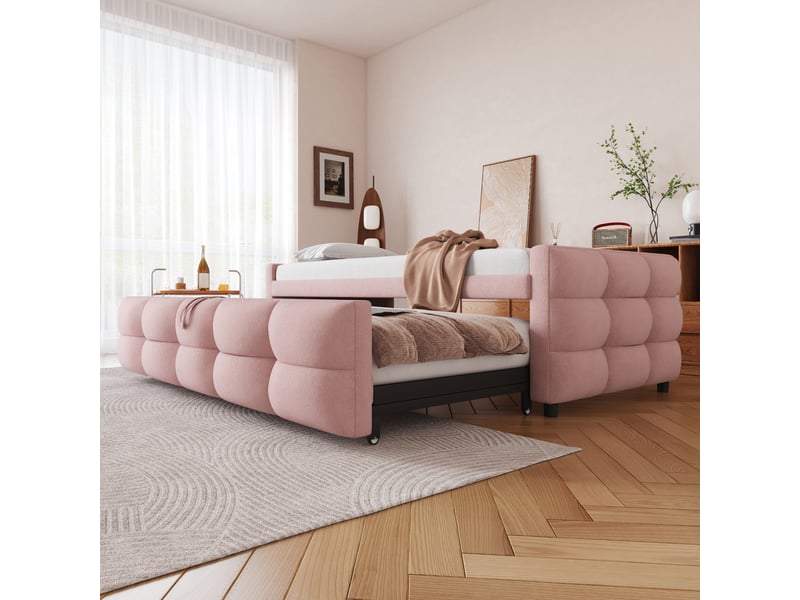  Canapé-lit extensible 90180*190cm, lit capitonné, pouf, tissu teddy, coloris rose, livré sans matelas.  - Conforama E