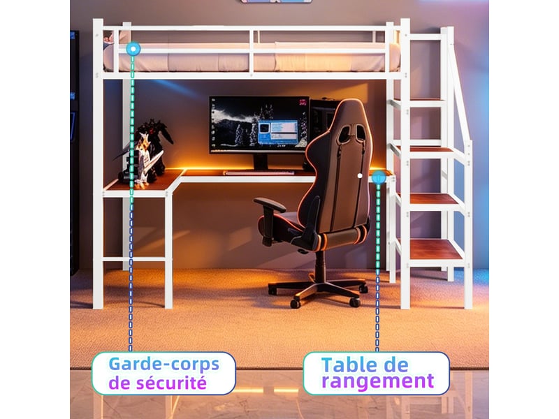  Lit mezzanine enfant 90x190 cm en métal avec bureau en l, escalier avec rangement, lit surélevé gain de place avec barrières de sécurité - blanc  - Conforama D
