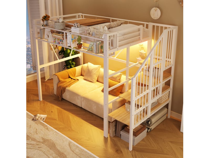 Lit mezzanine 90x200 cm avec rangements et led coloris blanc - Conforama E