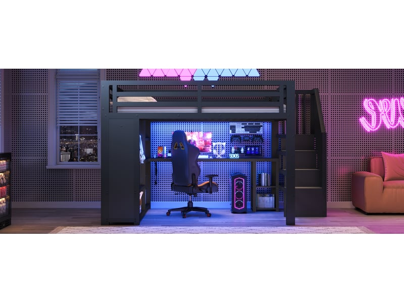  Lit mezzanine double 140×200 cm avec bureau, led réglable et usb - okmyhome- rangement, noir, sans matelas  - Conforama E