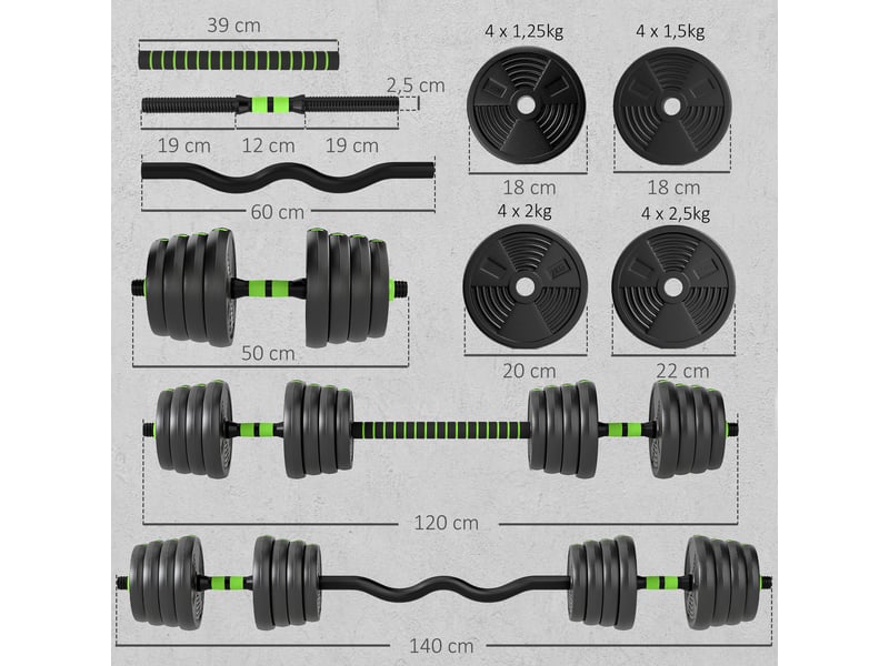  Ensemble d'haltères réglables 3 en 1 de 30 kg avec barres de connexion et poignées antidérapantes pour salle de sport à domicile (vert)  - Conforama E