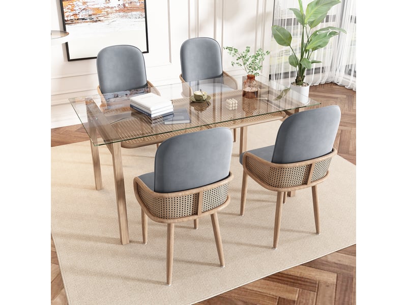  Chaises de salle à manger lot de 6 à dossier aspect rotin  - pieds en métal effet bois, velours gris  - Conforama C