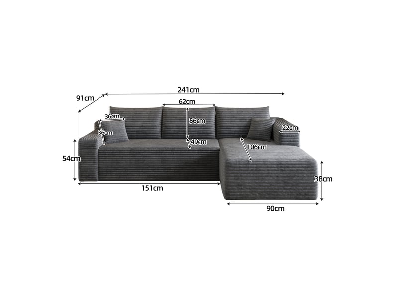  Canapé d'angle gris foncé 3 places en velours côtelé, canapé en l avec méridienne, 241 cm pour salon  - Conforama C