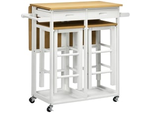 Ensemble table de bar pliable roulettes + 2 blanc tabourets et bois clair - 2 tiroirs et porte-torchons