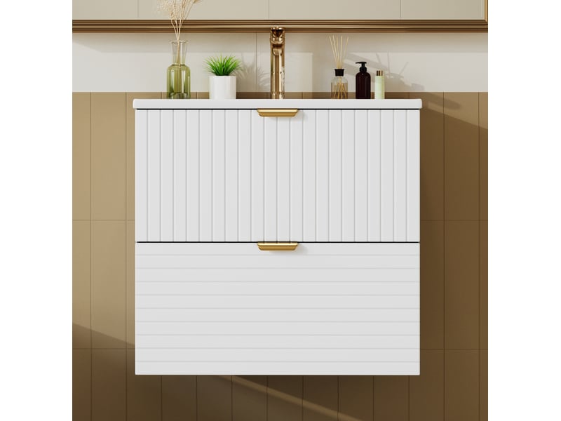 Meuble sous vasque suspendu avec lavabo intégré et 2 tiroirs silencieux, finition laquée blanche 61 × 46 × 57 cm - Conforama D