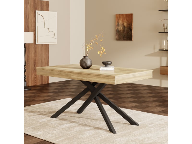  Table à manger extensible rectangulaire 140180 x 80 cm aspect chêne, plateau mdf, pieds croisés métal noir, 6 à 8 personnes  - Conforama R