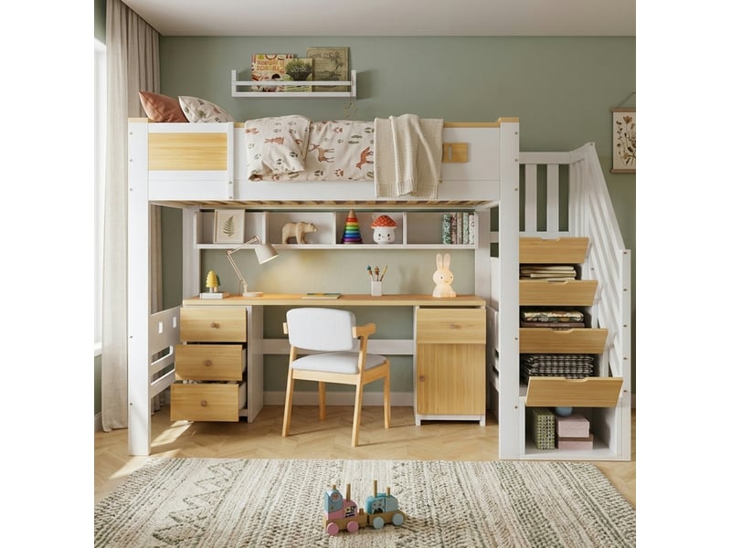  Lit mezzanine 90x200 cm blanc bois naturel, avec bureau, tiroirs, escalier de rangement et étagère murale, sans matelas  - Conforama D