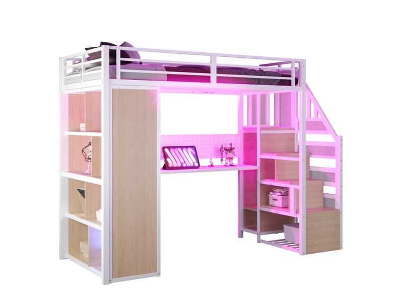  Lit mezzanine métallique 90x200 cm avec armoire, bureau, led et étagères, blanc, sans matelas  - Conforama A