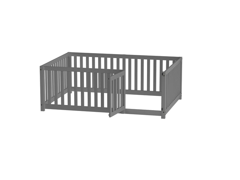 Lit au sol enfant 140x200cm, lit bas sans lattes, barrière, porte ludique, pin, design épuré, gris sans matelas  - Conforama E