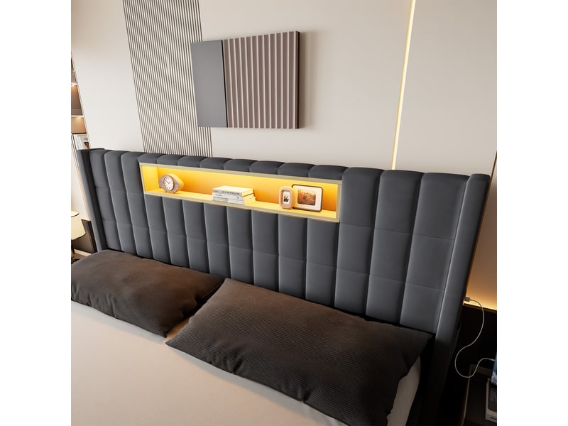  Tcqpz lit coffre led 180x200 cm gris avec fonction de charge et rangement  - Conforama E