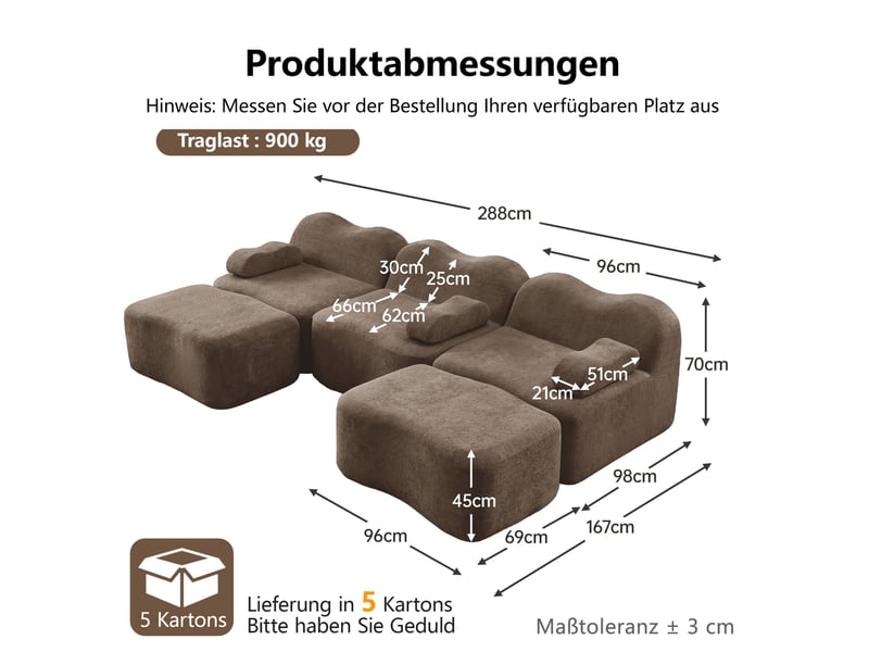  Canapé modulable ulevr 3 places en u avec 2 poufs, velours marron, assise profonde, 288 x 167 x 70 cm  - Conforama C