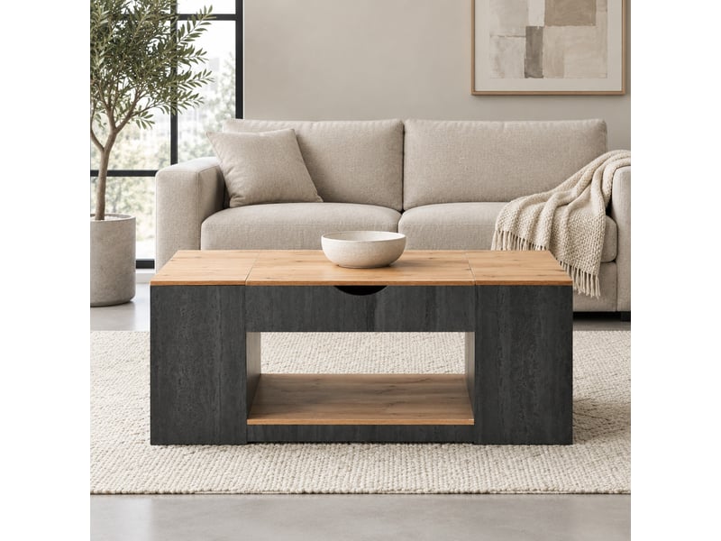  Table basse relevable avec 3 rangements et niche ouverte pour salon en mdf 109,5×59,7×43 cm gris et marron  - Conforama B