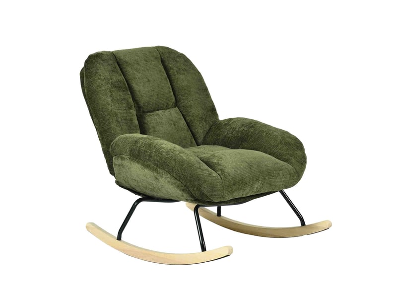  Fauteuil à bascule scandinave, rocking chair en tissu chenille, pieds en bois d’hévéa, vert  - Conforama A