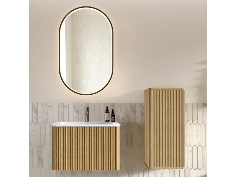  Meuble sous vasque avec lavabo, colonne et miroir led réglable, rangements pour salle de bain, finition chêne 60 cm  - Conforama D