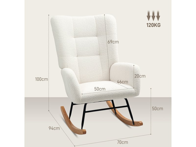 Fauteuil à bascule avec accoudoirs, dossier rembourré et structure métallique en tissu teddy crème - Conforama D