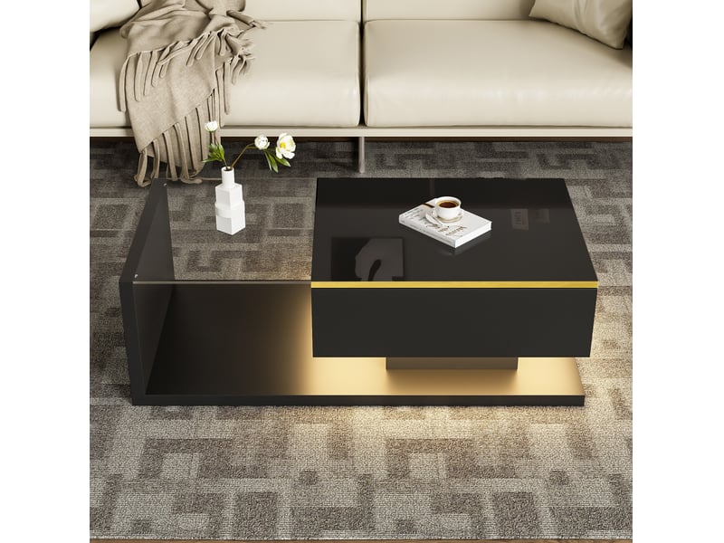  Table basse led 100x50x32,5 cm, rangement intégré, verre trempé, 16 couleurs dimmable, panneau particules, noir  - Conforama E