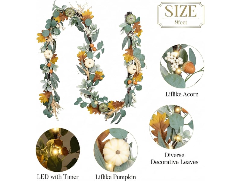  Guirlande d'automne 2,7m avec citrouilles – décorée de baies, pommes de pin et feuilles, pour thanksgiving et halloween  - Conforama B