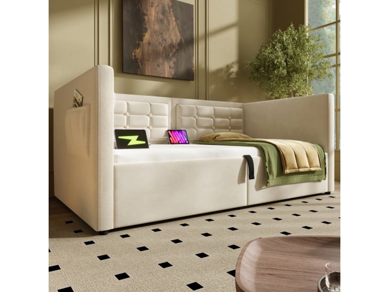  Lit simple 90x200 cm, canapé convertible avec rangement hydraulique, port usb et type-c, sans matelas, velours, beige  - Conforama C