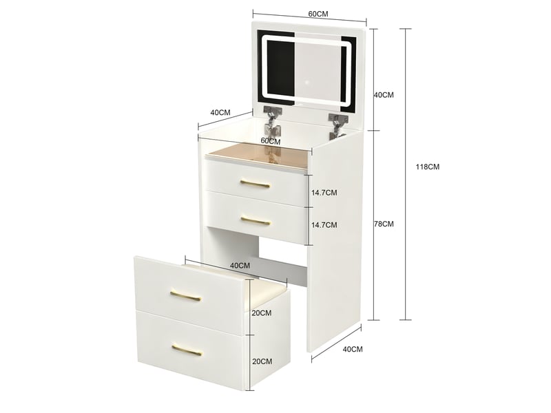  Coiffeuse d'angle 3 en 1 avec miroir ouvert 60x40x118 cm, meuble de chambre, 3 tiroirs, plateau en verre, mdf, blanc  - Conforama C