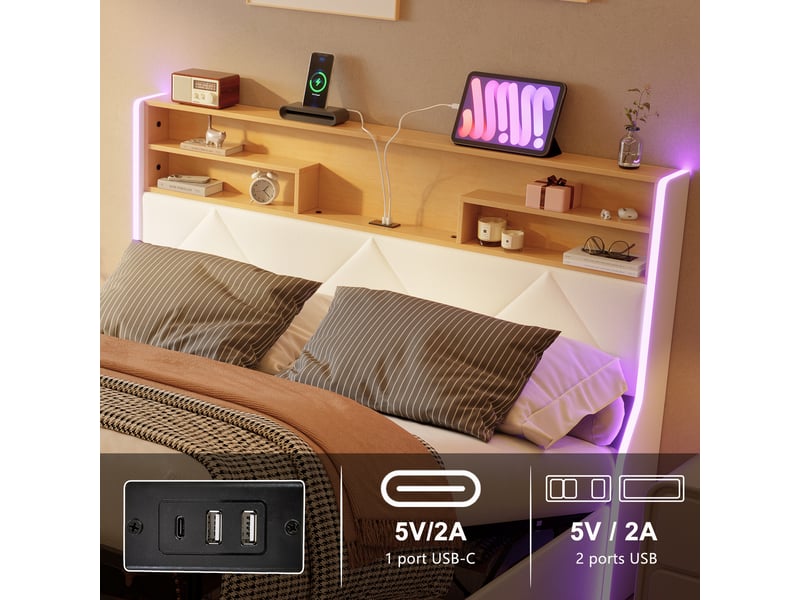 Lit 140x200 avec sommier coffre,led lit double avec rangement,tête de lits avec étagère ouvertes et usb ports,pour adultes et ado,blanc pu - Conforama R