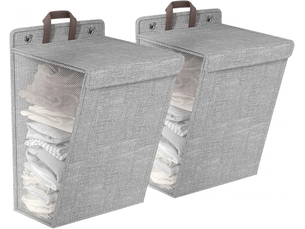 Lot de 2 paniers à linge pliables et suspendus avec couvercle, grille double face pour buanderie – gris 36 x 12 x 48 cm