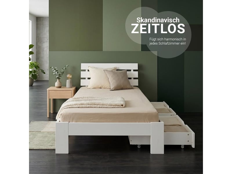  Lit en bois 90x200 cm blanc - lit simple - avec matelas à ressorts - 2 tiroirs 3332 - Conforama E