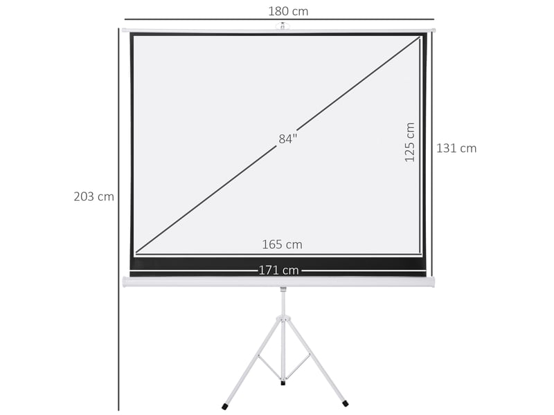 Écran de projection avec trépied pliable 84 pouces 4k hd 4:3, 180l cm, écran vidéoprojecteur, hauteur réglable, angle de vision 160°, pour home cinéma, blanc, films en intérieurextérieur  - Conforama C