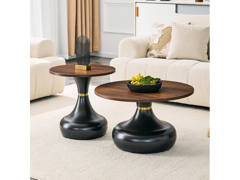  Lot de 2 tables basses gigognes ø70x42 cm et ø50x51.5 cm en métal noir et mélaminé noyer  - Conforama B