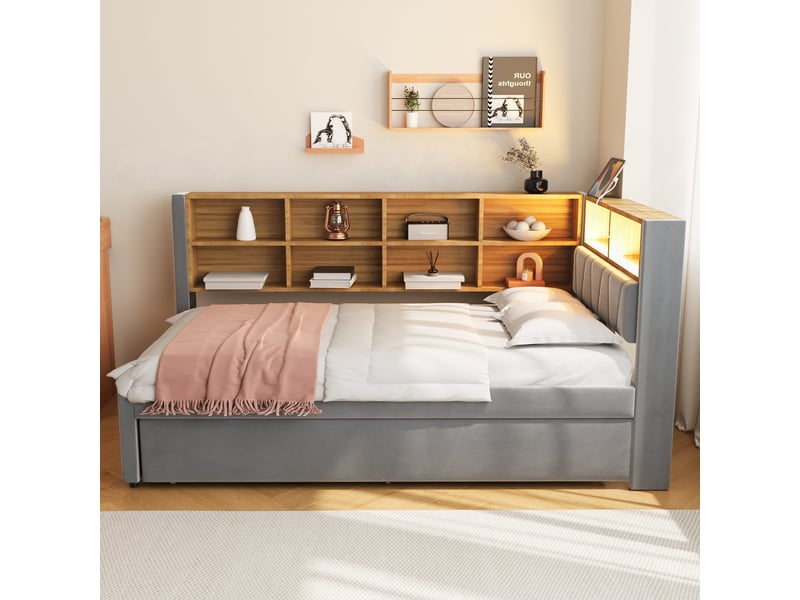  Lit gigogne 90×200 cm, avec lumières led, prises et nombreux rangements, lit capitonné, flanelle, gris foncé  - Conforama D