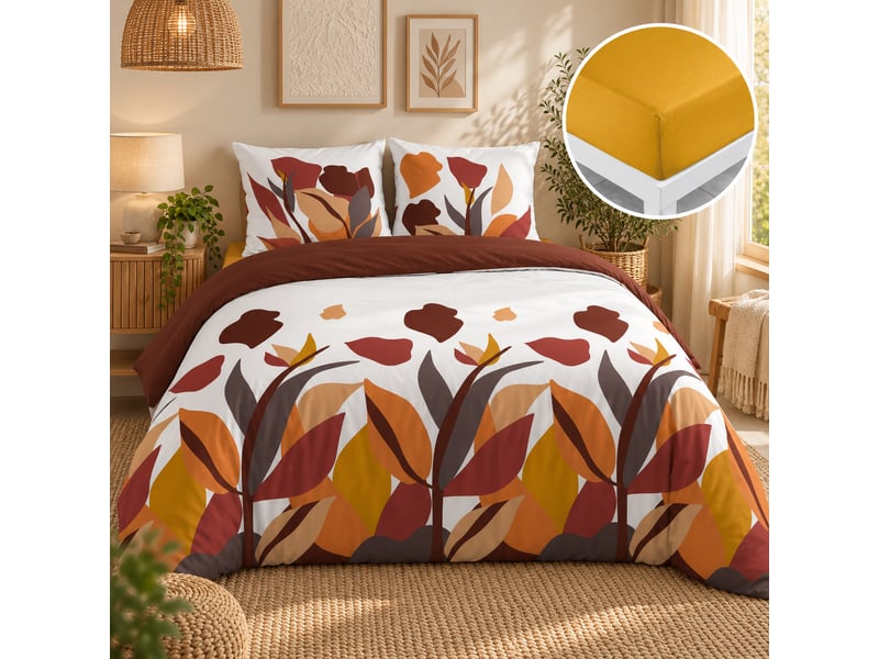 Parure de lit 240 x 220 cm 100% coton 57 fils paloma + drap housse 140 x 190 cm curry  - Conforama A