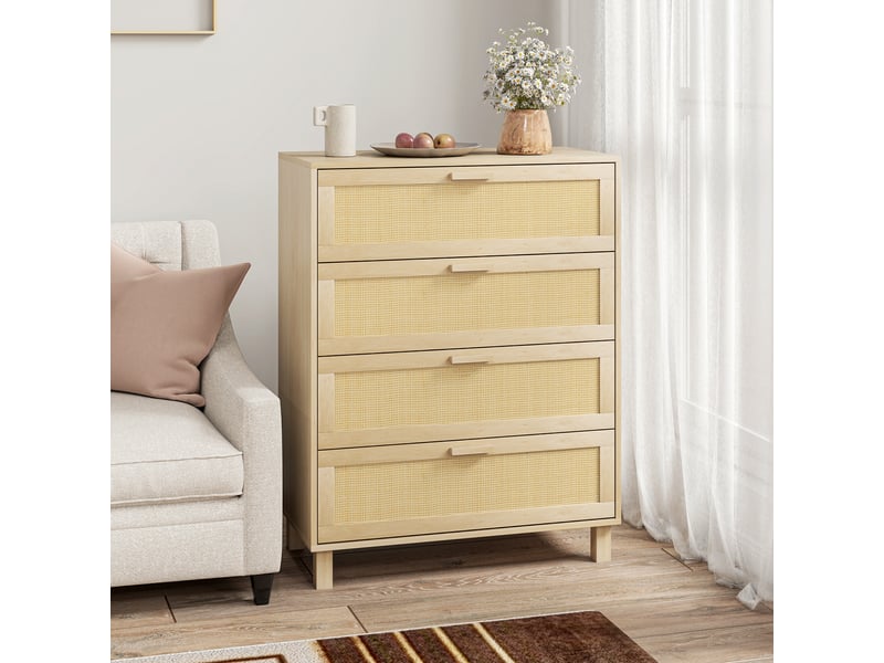  Commode 4 tiroirs cannage en rotin dim. 80l x 40l x 103h cm mdf aspect bois clair  - Conforama D