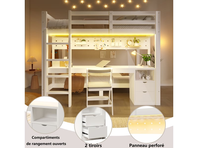  Lit superposé multifonction 140x20090x200 cm, bureau intégré, tiroirs, panneau perforé, led multicolore, bois blanc et naturel Radiant Stride - Conforama E