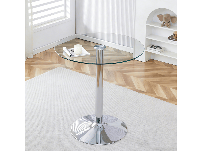  Table de salle à manger ronde en verre et métal pour bar, diamètre 89 cm, hauteur 92 cm argentée transparente  - Conforama B