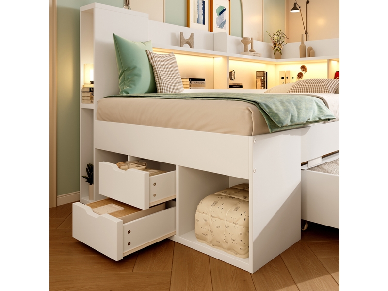  Lit simple enfant 90x200 cm – blanc – led, rangements, tiroirs et station usbtype-c de charge intégrée  - Conforama B