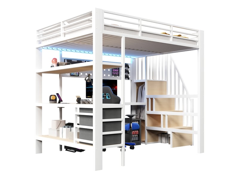 Lit mezzanine 140 × 200 cm 2 places avec 3 tiroirs, bureau, étagères, led réglable et prise, sans matelas, blanc - Conforama E