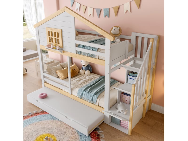  Lit superposé enfant 90x200 cm avec lit gigogne et escalier de rangement blanc naturel  - Conforama B