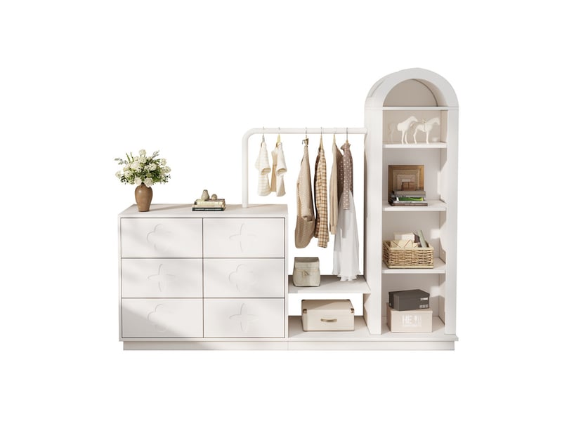  Commode 6 tiroirs avec tringle à vêtements, étagère ouverte, grand espace de rangement pour chambre, 160,5 x 40 x 134 cm, blanc  - Conforama A