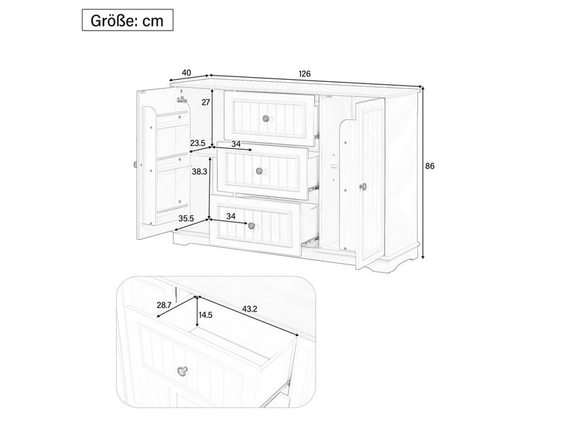 Buffet, avec 3 tiroirs et des portes de style réfrigérateur, meuble de rangement pour salle à manger, salon, blanc - Conforama C