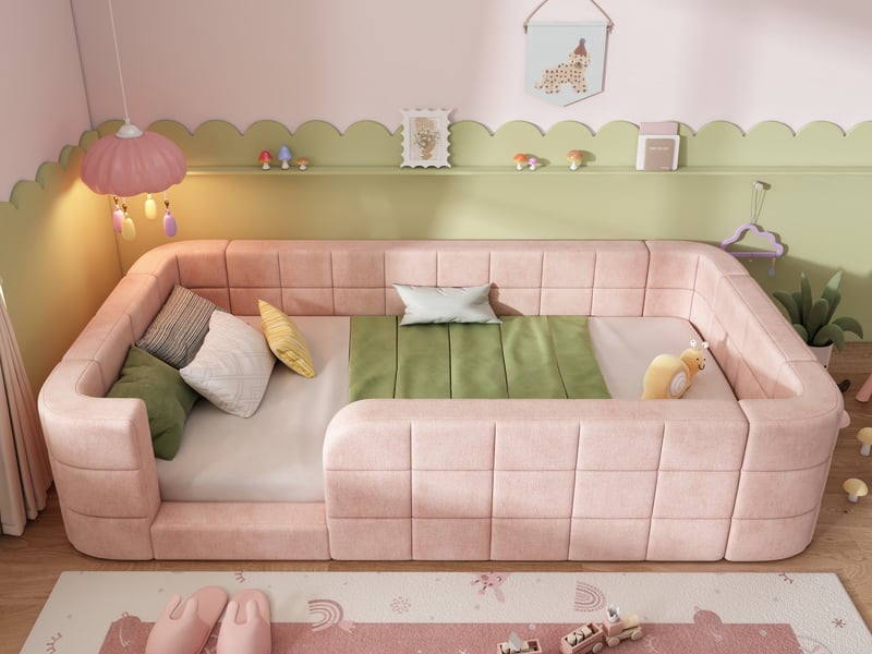  Lit enfant rembourré 90x200 cm, lit au sol en chenille douce, barrière de protection tout autour, accès bas, rose  - Conforama B