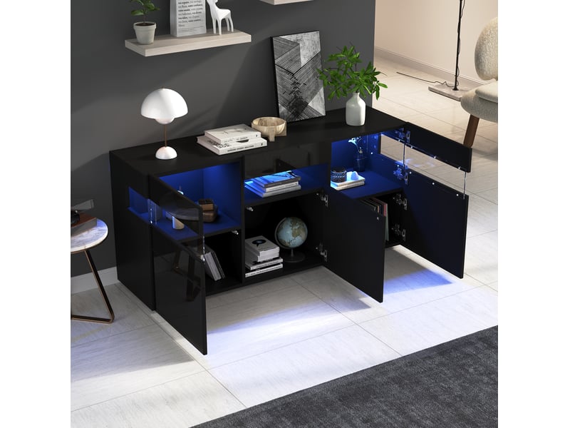 Buffet de salon 140x40,5x66,5 cm, 3 portes, 7 étagères, éclairage led, panneau de particules, finition brillante, noir - Conforama D