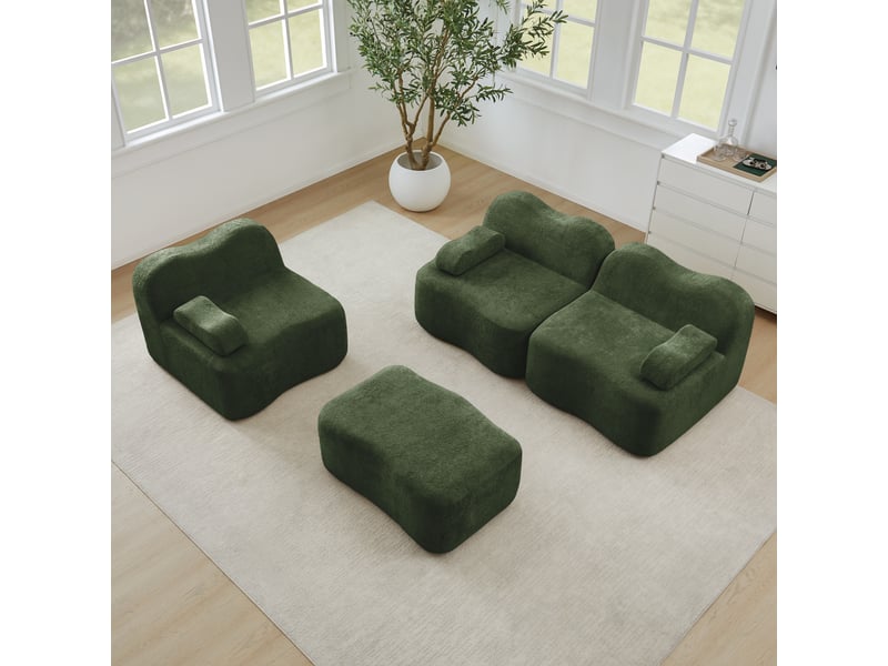  Canapé d’angle modulable 3 places en velours vert avec pouf, assise profonde, mousse haute densité 32d et forme ondulée  - Conforama R