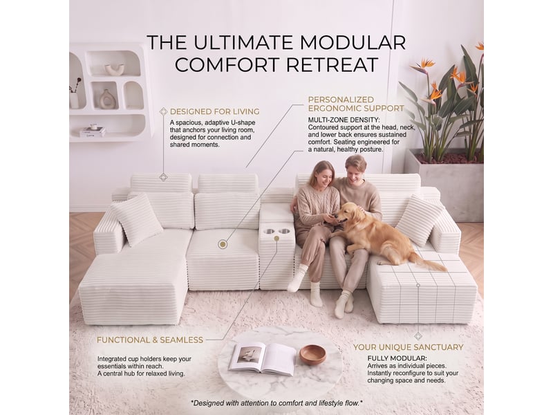  Canapé panoramique modulable compressé 6 places 372x151x80 cm, forme u, 2 porte-gobelets, sans structure, velours côtelé beige  - Conforama D