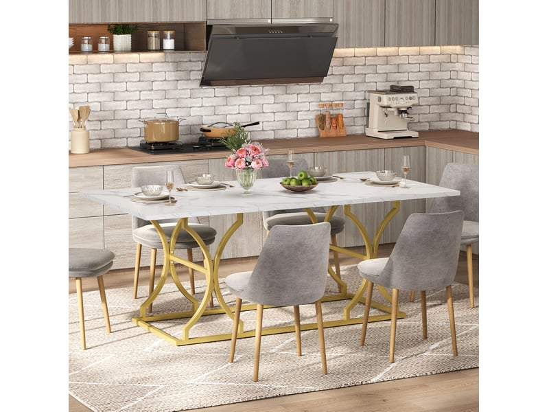  Table à manger 200 x 80 cm pour 8 à 10 personnes, effet marbre, blanc et doré  - Conforama B