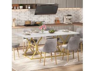 Table à manger 200 x 80 cm pour 8 à 10 personnes, effet marbre, blanc et doré