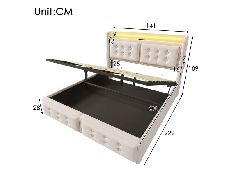  Lit coffre 140 × 200 cm 2 places avec led, usb, type c et 2 prises, matelas inclus, coton lin beige  - Conforama D