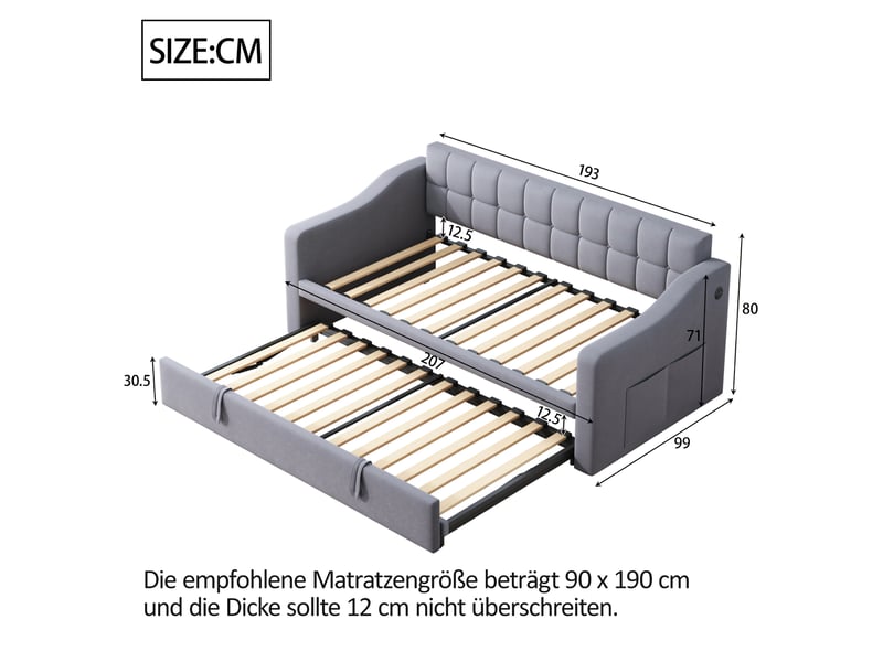  Lit banquette simple 190×90 et 190×180 cm extensible avec usb - okmyhome- velours gris, sans matelas  - Conforama D