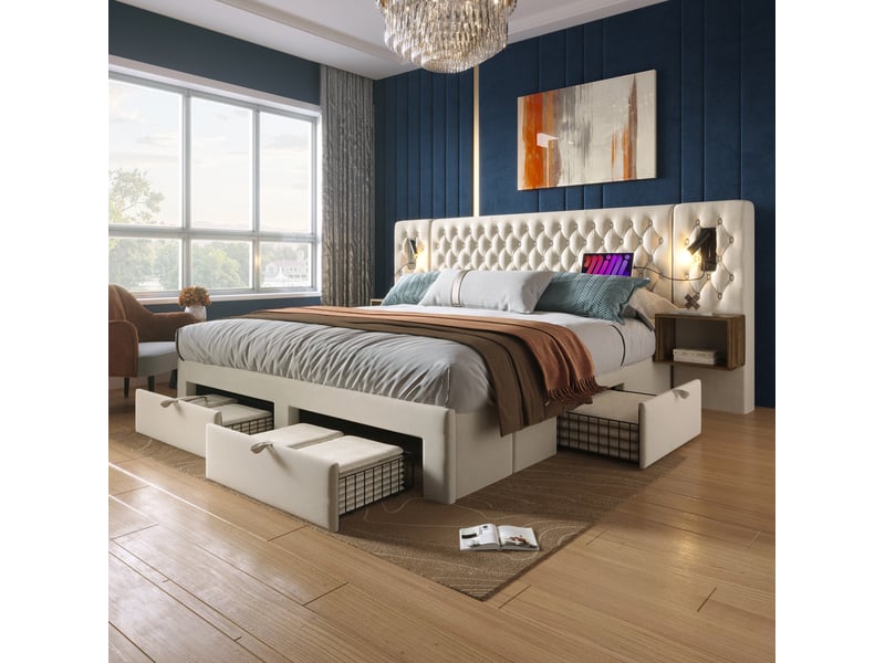  Lit coffre 160x200 avec rangement, 2 tables de chevet, 4 tiroirs, liseuses et charge usb, beige evryae  - Conforama C