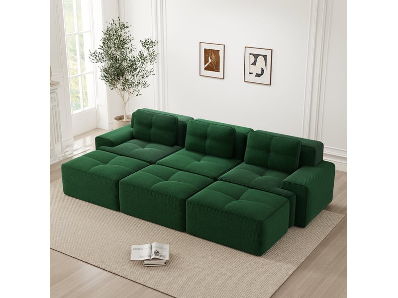  Canapé d’angle modulaire 3 places avec fonction couchage, assise profonde et 3 poufs en velours côtelé vert  - Conforama B