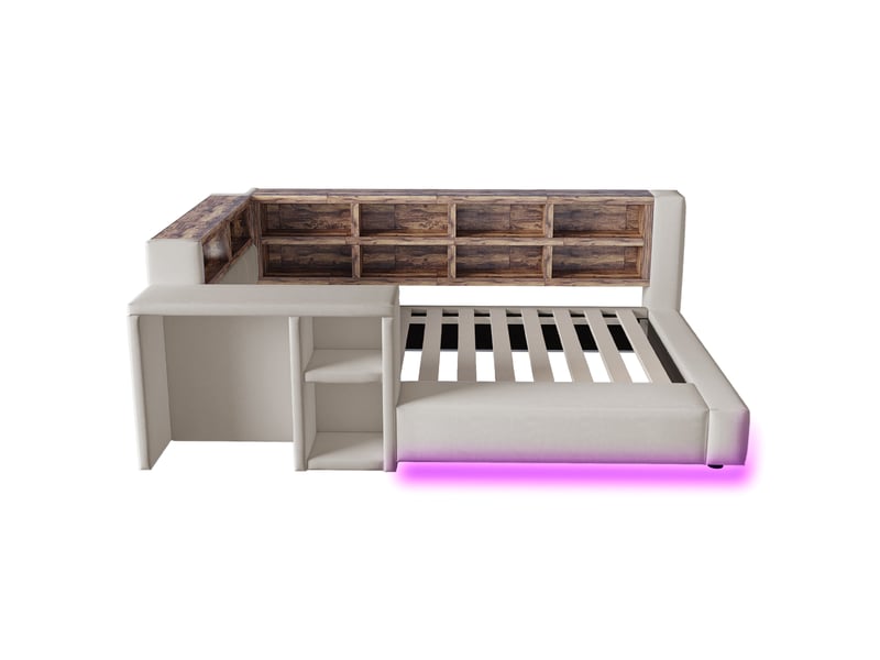  Lit rembourré gris clair 90x200 cm avec rangements, led, prises et table d’appoint  - Conforama A